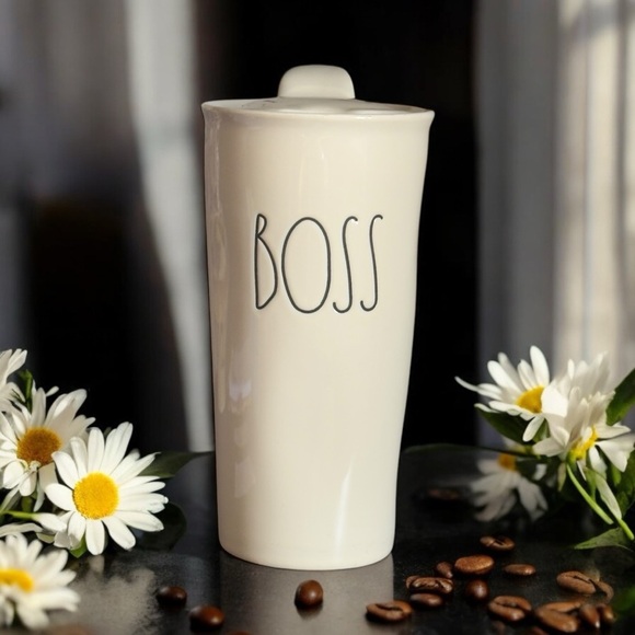 Rae Dunn White Ceramic Boss Coffee Tea Travel Tumbler Mug - Picture 1 of 13